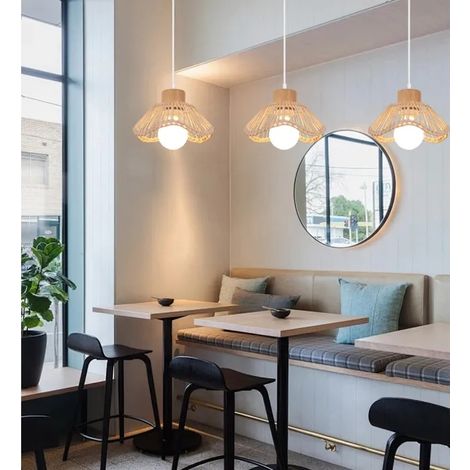 3pcs Suspension Luminaire Industriel,Lustre Vintage Abat-jour en Bambou Rotin Lampe de Plafond Style Bohème pour Salon (1/5)