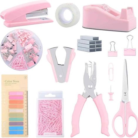 Ensemble d'accessoires de bureau roses – élégant ensemble de bureau comprenant une agrafeuse, un dévidoir de ruban adhésif, une perforatrice, des ciseaux et des étiquettes – cadeau pour la maison et l (1/5)