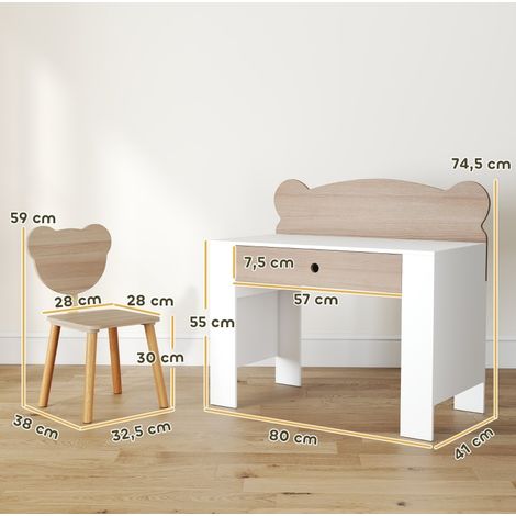 Bureau enfant avec chaise, tiroir, forme ours, bois naturel DESVIAE (1/4)