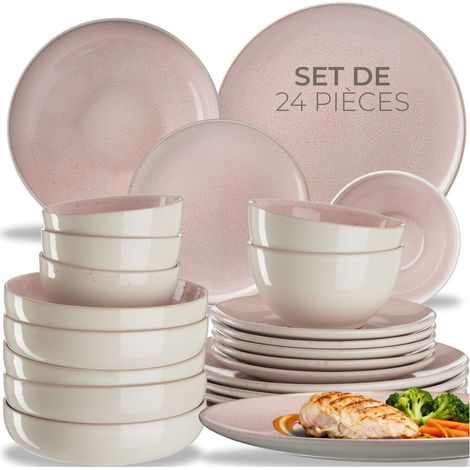 Set de vaisselle 24 pièces en faïence 6 personnes fait main rose