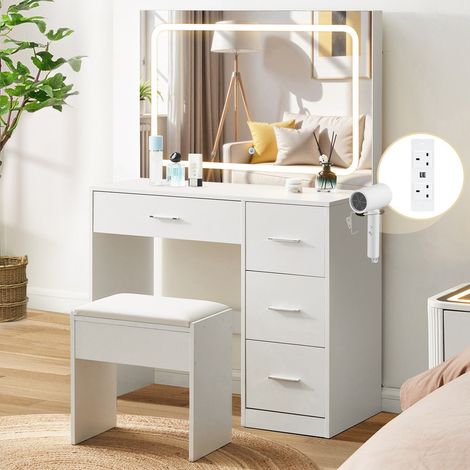 Bedroom Dressing Table with Mirror and Lights, White Vanity Desk with 5 Drawers and Power Sockets, Hair Dryer Holder, Adjustable Brightness Power Outlet (1/5)