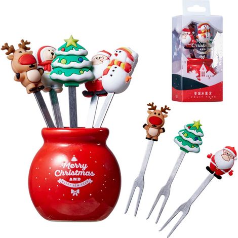 Forchetta da macedonia in silicone per Natale, forchetta per bambini in acciaio inossidabile con portabicchiere in ceramica, regalo riutilizzabile. -Crezuo