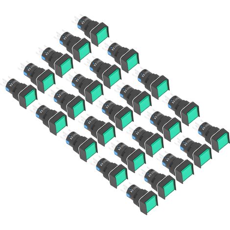 25 Stück kleine, selbstverriegelnde, quadratische Drucktaster mit Leuchte, 16 mm, 220 V, 5 A, grün (1/5)