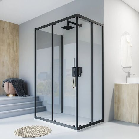 Cabine de douche noire mate à 3 côtés 80 x 90 x 80 cm avec double porte coulissante et verre transparent de 6 mm h 185 cm Tonga (1/4)