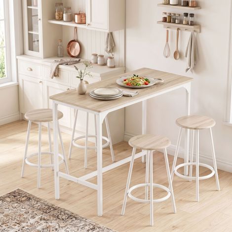 Ensemble de bar de 5 pièces pour 4 personnes, table haute industrielle avec tabourets, bois de chêne, pour cuisine et salle à manger (1/5)