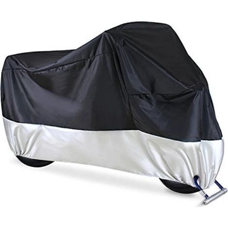 Housse de moto en polyester 190T, protection pluie, poussière et soleil, avec œillets de verrouillage et sangles coupe-vent, pour scooters et motos, noir et argent, taille XXXL. (1/5)
