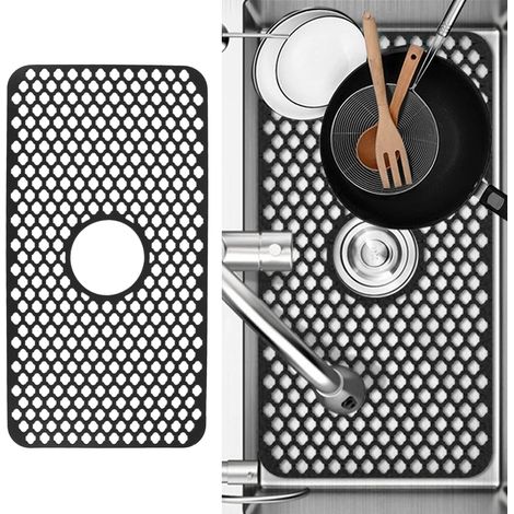 Tapis isolant thermique ajouré grand format, tapis d'évier de cuisine, tapis de table antidérapant, tapis d'évier multifonctionnel en silicone, filet de séchage, noir. (1/5)
