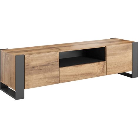 Meuble TV Dronero, buffet de salon avec portes battantes, compartiment ouvert et tiroir, surélevé du sol, 180x44 h48 cm, nœuds de chêne et anthracite (1/4)