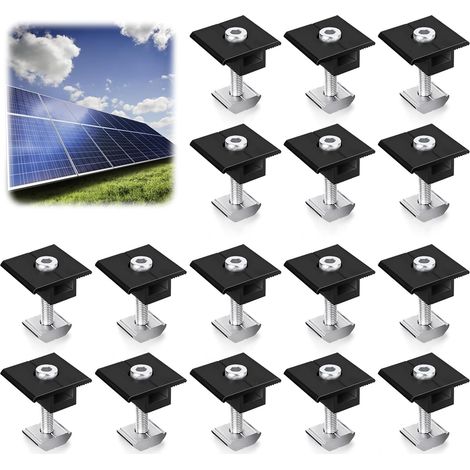 16 Pcs Fixation Panneau, Supports De Montage Du Module Solaire, T Clip Central En Aluminium, Kit De Montage De Module Solaire, Support Panneau Solaire Pour Camping Car Panneau Photovoltaïque Toit Plat (1/5)