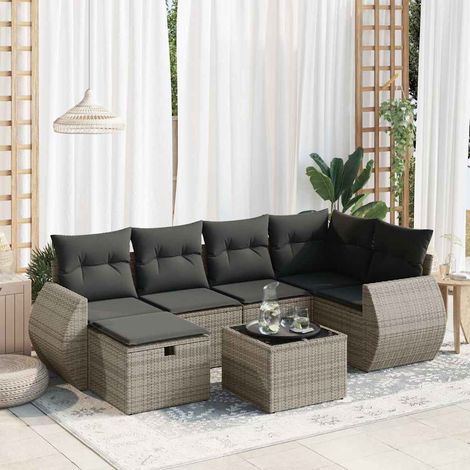 Set de sofás de jardín 7 pzas con cojines ratán sintético gris vidaXL (1/5)