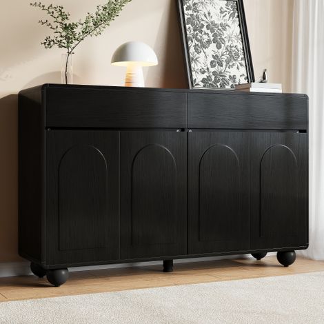 Buffet moderne 140 x 38 x 89 cm - 2 tiroirs et 4 portes - Pieds ronds en métal - Portes cintrées - MDF - Noir (1/5)