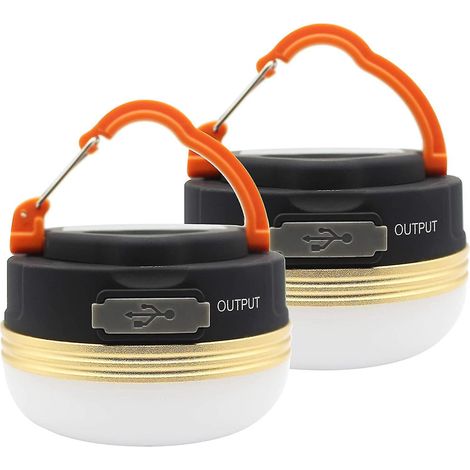 Set aus 2 wiederaufladbaren LED-Campinglampen per USB, wasserdicht, 3 Beleuchtungsmodi, mit eingebautem externen Akku, ideal für Camping, Wandern und Notfallsituationen. (1/5)