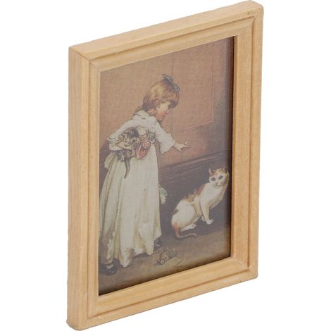 Cadre miniature pour maison de poupée, en bois peint, représentant une fillette et un chat. Élégant, délicat et facile à transporter, il est idéal pour les maisons de poupées à l'échelle 1:12. (1/5)