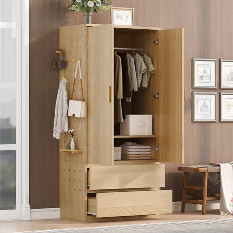 Armoire penderie 70x50x170 cm - 2 tiroirs - panneau perforé - rangement fermé - MDF - aspect bois (1/4)