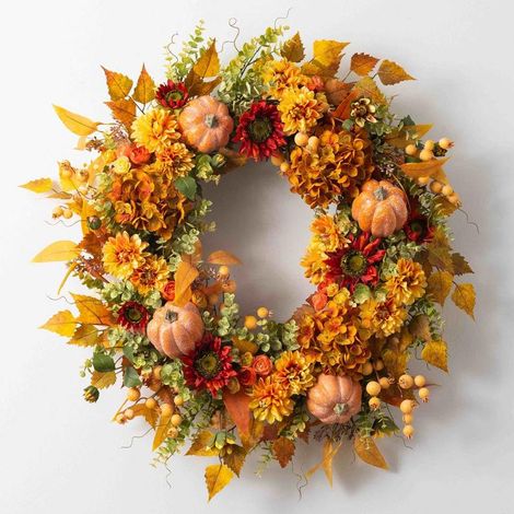 Couronne de 45 cm aux couleurs d'automne, ornée d'hortensias, de feuilles d'érable, de pommes de pin et de tournesols, idéale pour Thanksgiving. Décoration de porte. (1/5)