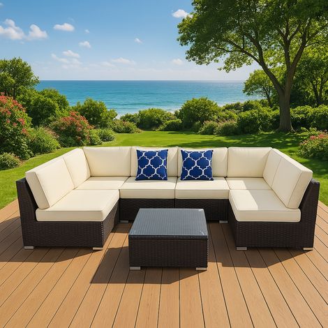 Arredo giardino modulare 6 posti in resina intrecciata - marrone e beige ALDABRA (1/4)