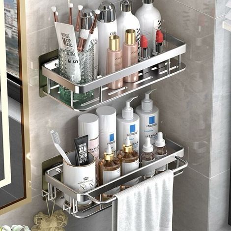 Shower Shelf Without Drilling, Bathroom Shelf, Aluminum Shower Storage with 2 Hooks, with Towel Rail Self-Adhesive Shower Shelf