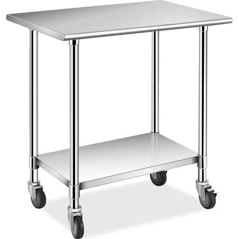Mesa de trabajo de cocina de acero inoxidable de 2 niveles 4 ruedas 91 x 61 x 88 cm 200001208