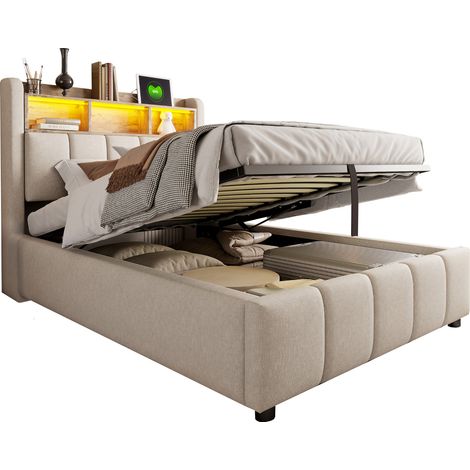 Lit rembourré 90 x 200 cm beige avec LED couleur changeante, ports USB et USB-C, grand rangement hydraulique, tête de lit pratique pour chambre enfant – CHICFURN (1/5)