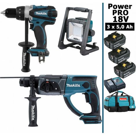 Pack Makita Power PRO 18V: Perceuse 91Nm DDF458 + Perfo 2J DHR202 + Lampe de chantier Led 750lm + 3 batt 5Ah + sac MAKITA (1/5)