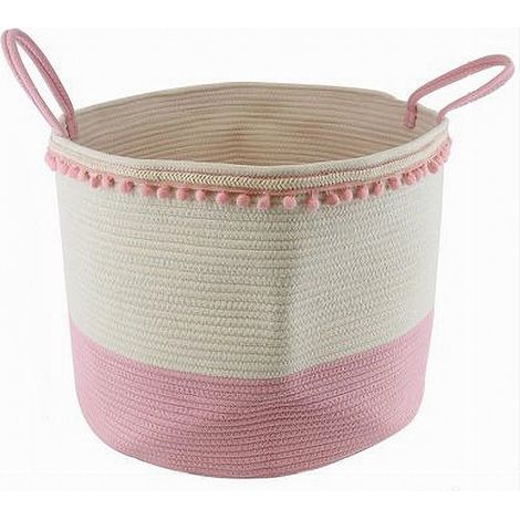Cleafe - Cesto Portaoggetti Per Biancheria In Corda Pon Pon Rosa Con Manici 50x35cm 10669 - (1/2)