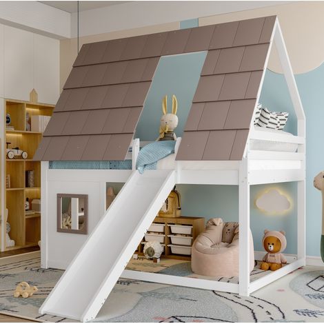 Lit superposé 140x200 maison avec toit et échelle OKMYHOME (1/5)