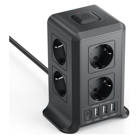 Steckdosenleiste mit Schalter - 8 Netzsteckdosen und 4 USB-Anschlüsse - geeignet für Büros und Wohnzimmer - 5 Meter Kabel, schwarz. (1/5)