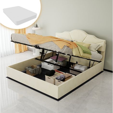 Lit coffre moderne en tissu beige 160x200 cm avec tête de lit géométrique rembourrée, vérin de levage et matelas inclus (1/5)