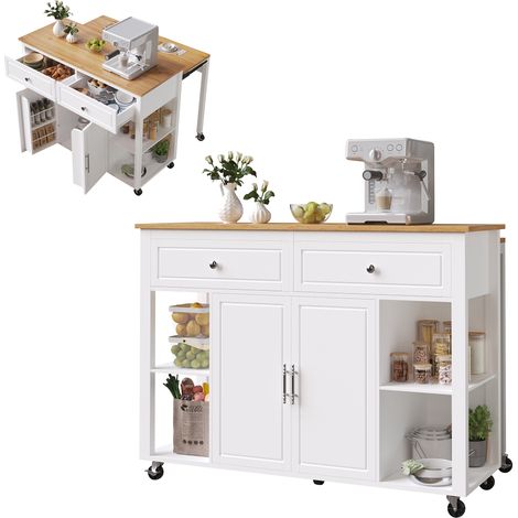 Carrello da Cucina Estensibile 120x50-81.5x92 cm, con 2 Ante e 2 Cassetti, Ampio Spazio, con Ruote, MDF, Bianco, per Sala e Pranzo (1/5)