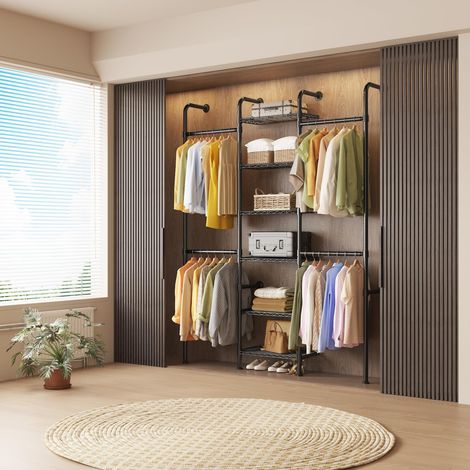Dressing fresque modulable – Système de penderie 3 sections en acier carbone - 3 tringles extensibles 60-90 cm - 6 étagères fil métal - Noir mat - Couleur: Black - 6 layers (1/5)
