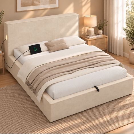 Polsterbett 120/200 cm aus Chenille in Beige mit hydraulischem Bettkasten (1/5)