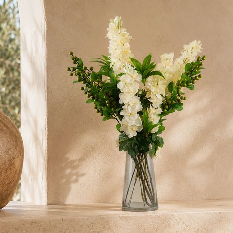60cm Artificial Berry Delphinium Cream Flower Mix Glass Vase Premium (1/5)