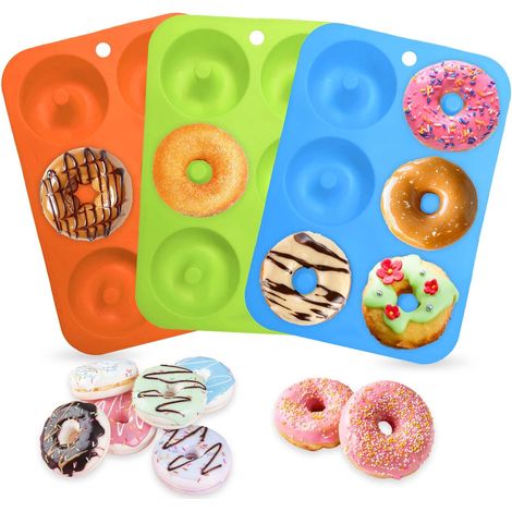 Molde de silicona para donas de 3 piezas, de Cake Factory, con 6 cavidades, ideal para hacer donas, muffins y pasteles (azul, naranja y verde). (1/5)