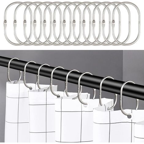 24-teiliges Set Duschvorhangringe, rostfreie Duschvorhanghaken für Badezimmer, ovale dekorative Duschvorhangringe und Duschstangenhaken, Silber (1/2)
