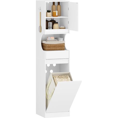Meuble de rangement de salle de bain blanc 40x40x174 cm – Panier à linge amovible – Rangement compartimenté – Design ajustable