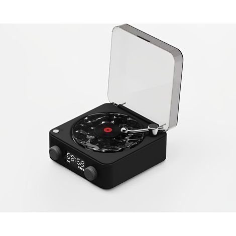 Disque vinyle, lecteur horloge, enceinte Bluetooth, enceinte portable rétro en vinyle, lumière et heure réglables, noir (1/5)