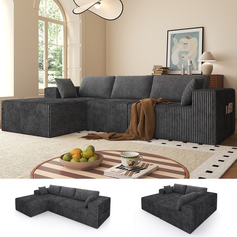 Canapé d'angle 3 places avec fonction lit, canapé modulable en l pour salon, convertible moderne avec 5 coussins, 273L x 176P x 57H cm, gris