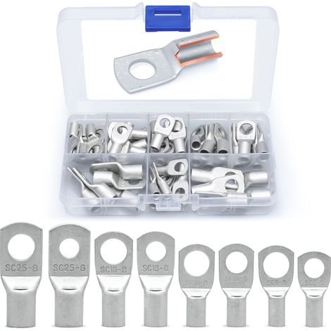 Set mit 60 verzinnten Kupferkabelschuhen – Batteriekabelschuhe – Crimp-Kabelenden – Ringkabelschuhe – Größen 10 bis 4 (1/5)