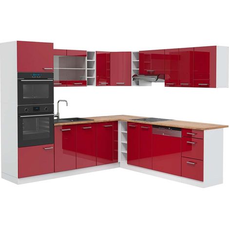 Eckküche R-Line, Rot Hochglanz/Weiß, 247 x 237 cm, AP Eiche, Vicco