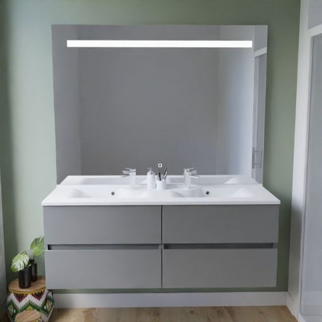 Meuble double vasque 140 cm ROSALY INOX + miroir Elégance ht105- Gris- Plan vasque en
