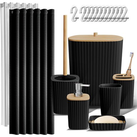 Ensemble d'accessoires de Salle de Bain 20 pièces Rideau de Douche Noir, Brosse WC, Poubelle et Distributeur de Savon (1/5)