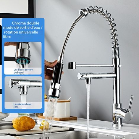 Évier adapté pour bar, ferme, commercial, robinet de cuisine poli à ressort, robinet à bec pivotant monté sur comptoir, robinet à tirette (couleur : chrome)