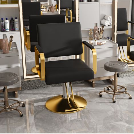 Chaise de salon hydraulique pivotante 360°, base large dorée, mousse haute densité, simili cuir noir