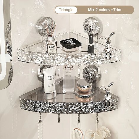 (Mix 10-M) Étagère de rangement de salle de bain transparente et légère, fixation murale luxueuse, non perforée, ventouses puissantes (1/5)