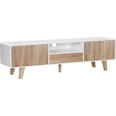 Meuble TV sur pieds scandinave blanc chêne clair, 2 portes + niche et tiroir, MDF élégant