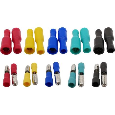 Lot de 100 cosses isolées à sertir, connecteurs bout à épissure rapide pour câblage automobile 22-16 AWG à faire soi-même, assortiment de 100 pièces mâles et femelles (1/5)
