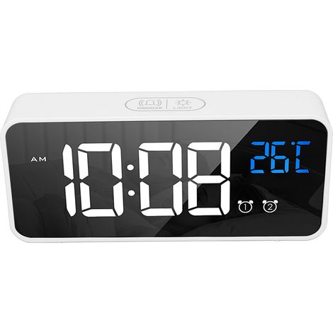 Réveil LED miroir blanc rechargeable avec double alarme, commande vocale, horloge numérique pour chambre, chevet et bureau (1/5)
