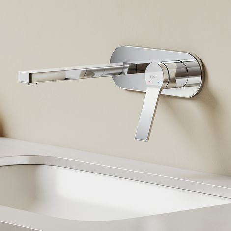 EMKE Design Wand-Wasserhahn Bad in Chrom, Ausladung 215 mm, Unterputz Waschtischarmatur inkl. Grundkörper, Einhebelmischer für Waschbecken