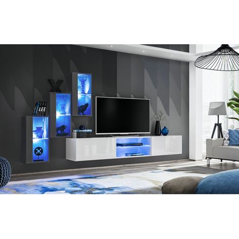 Ensemble meuble TV mural Switch XXII - L 240 x P 40 x H 170 cm - Gris et blanc - Livraison gratuite