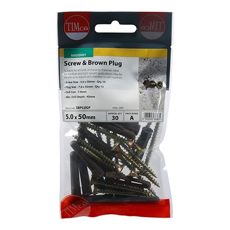 TIMCO Brown Premium Plastic Plugs With Twin-Threaded Countersunk Silver Woodscrews - 35mm Brown Plug, 5.0x50 Screw